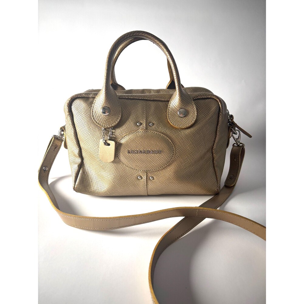 Vintage Longchamp Metallic Gold Leather Satchel Bag Y2K Top Handle Crossbody Sho